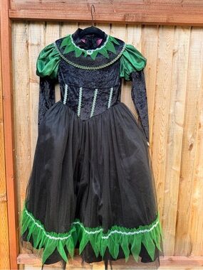 Girls Green & Black Velvet Witch Costume Dress by